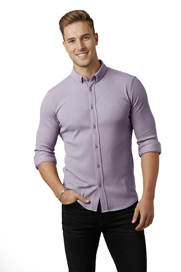 Men's Gray Lycra Fabric Ribbed Slim Fit Long Sleeve Shirt 2500805