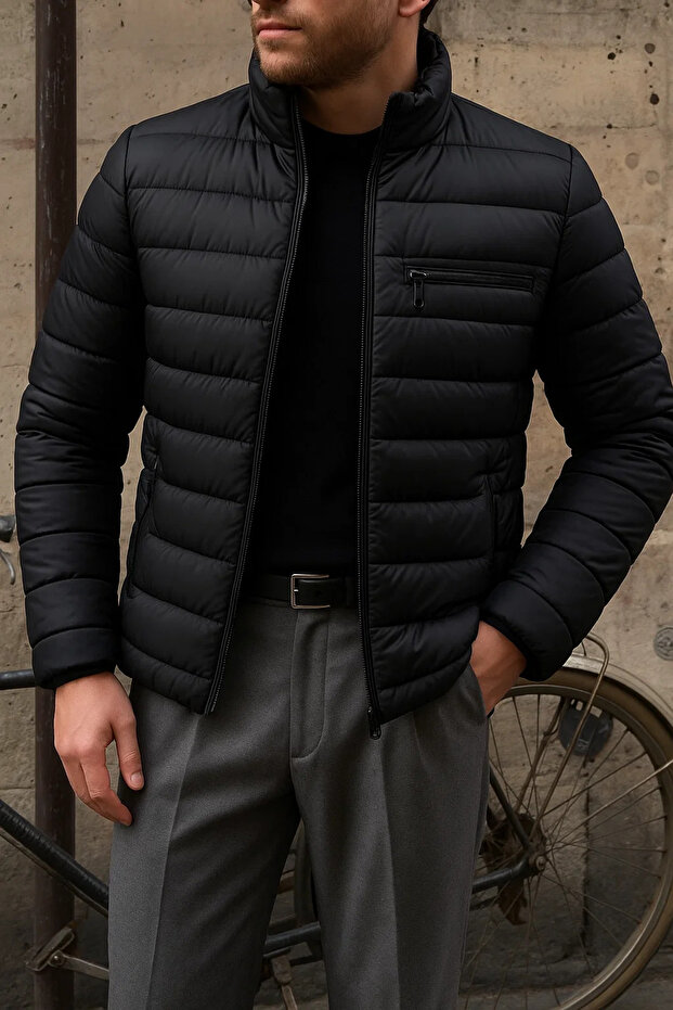 Erkek Kışlık Slim Fit Günlük Siyah Şişme Mont - 2