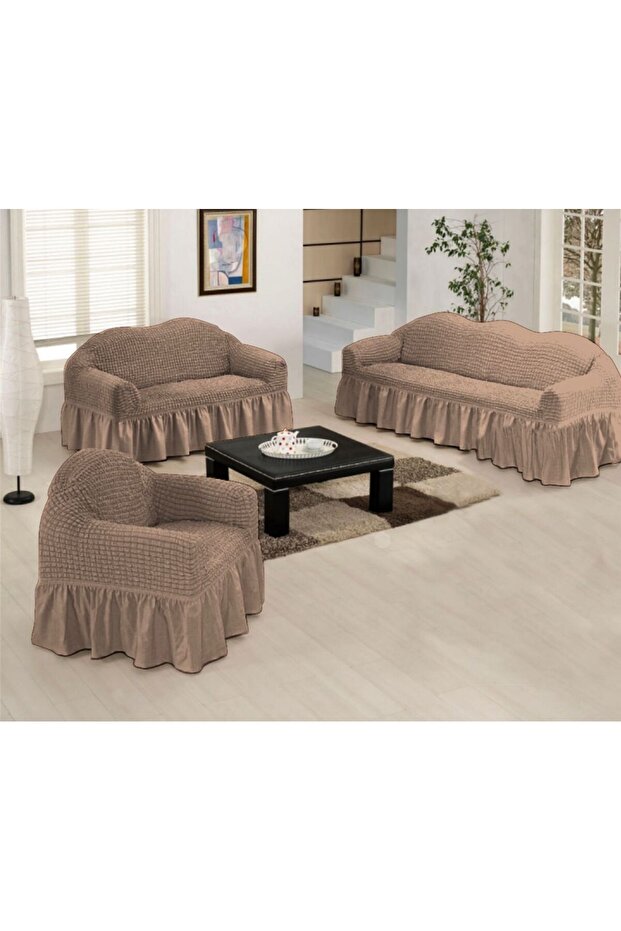 Bürümcük (3-2-1) Sofa Slipcover Set with Skirt (Light Brown Rank)