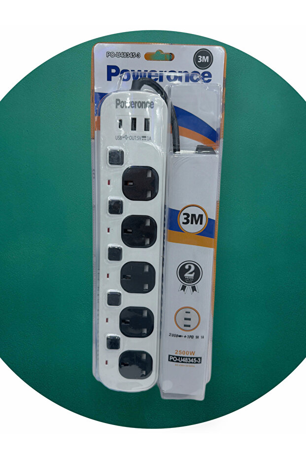 وصلة طاقة 3 متر 5 منافذ 2USB 1نوع C