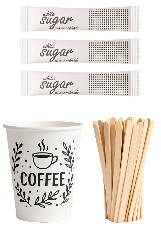 Tea Set Beverage Serving Set Disposable Paper Cups + Bamboo Stirrer + Stick Candy)