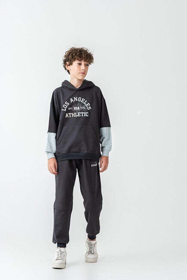 Los Angels Athletic Printed Hooded Boys' Kangaroo Pocket Bottom Top Tracksuit Set