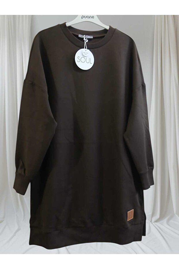 Women's Dark Brown Crew Neck Two Thread Cotton Soft Fabric Tunic