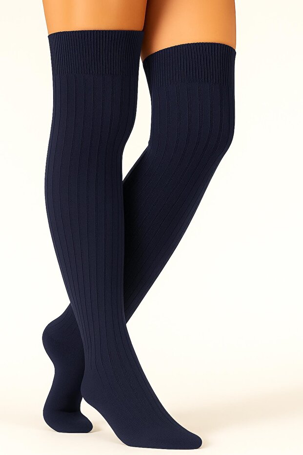 2 Çift Basic Lastikli Kalın Pamuk Karışımlı Diz Üstü Çorap - 5