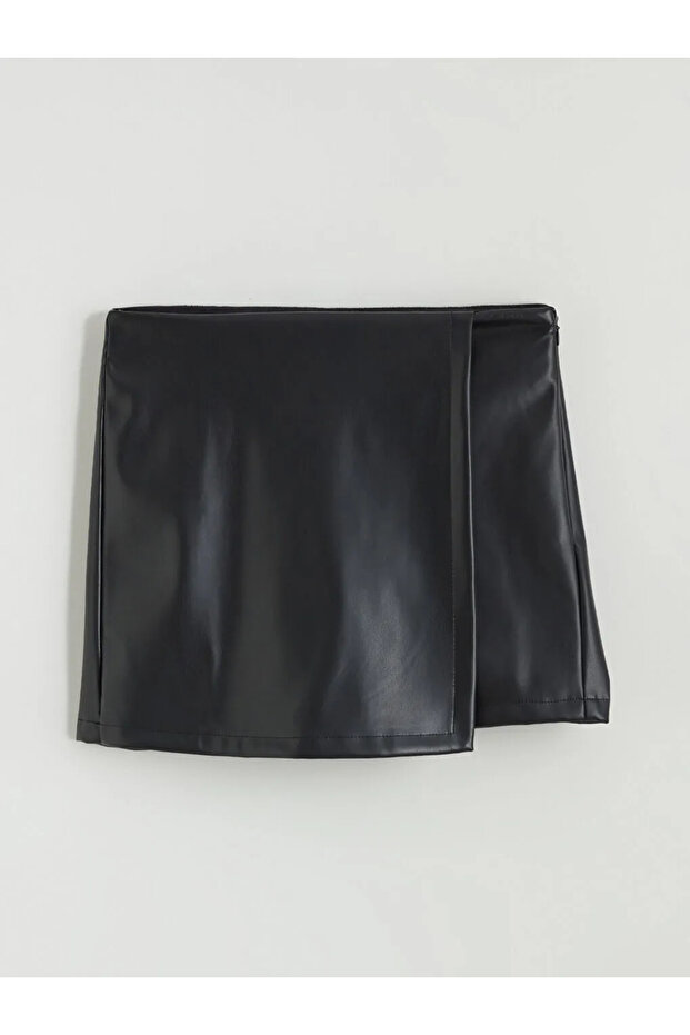 LCW Vision Siyah Beli Fermuarlı Deri Görünümlü Şort Etek - 3