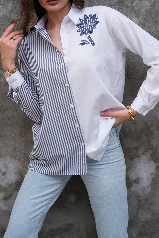 Two-Color Striped Floral Embroidery Detail Loose Fit Oversize Cotton Shirt
