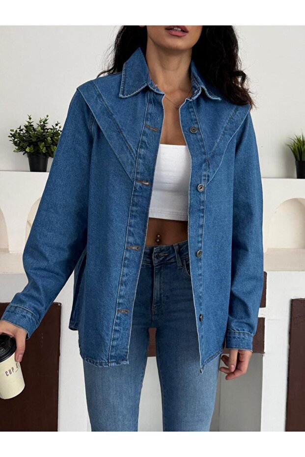 سترة من الدنيم باللون الأزرق المتوسط - 1