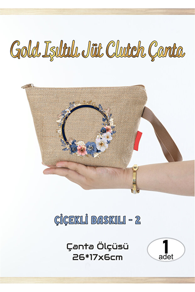 Gold Sparkling Jute Clutch Bag Flower Printed -2 1 Piece