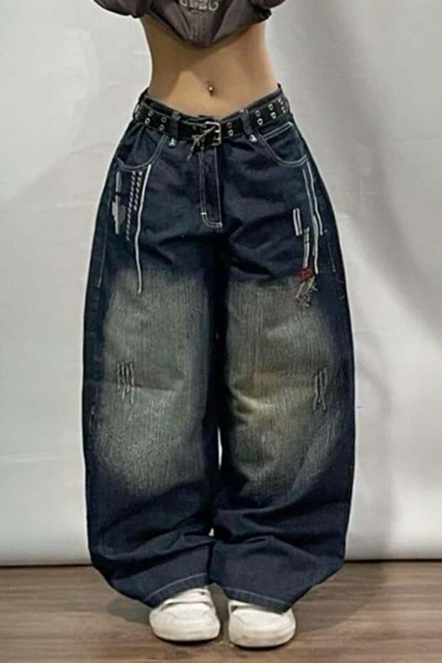 D2T Embroidery Detail Navy Blue Washed Baggy Pants