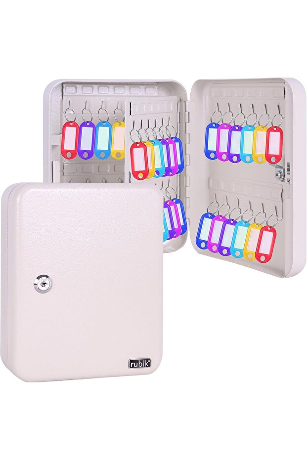 48-Key Metal Wall-Mounted Key Cabinet with Key Lock (White)