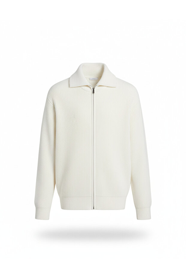 Men's Premium Zippered Reverse Knit Cardigan White Eca091