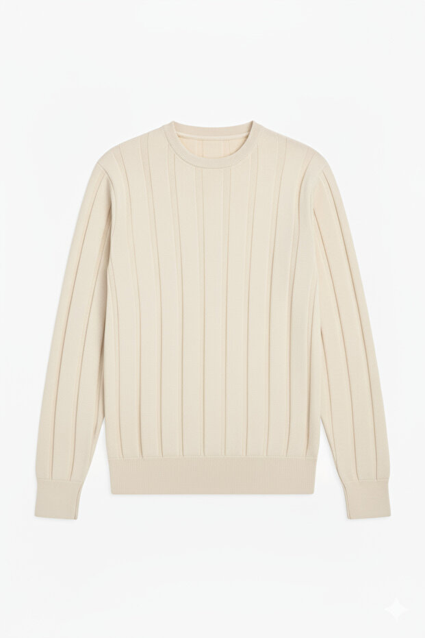 Men's Regular Crew Neck Striped Knitwear Sweater Cream Eca050