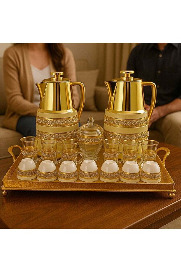 Damanhoor 22-Piece Arabic Tea & Coffee Set - Gold Thermos & Glass Cups with Tray