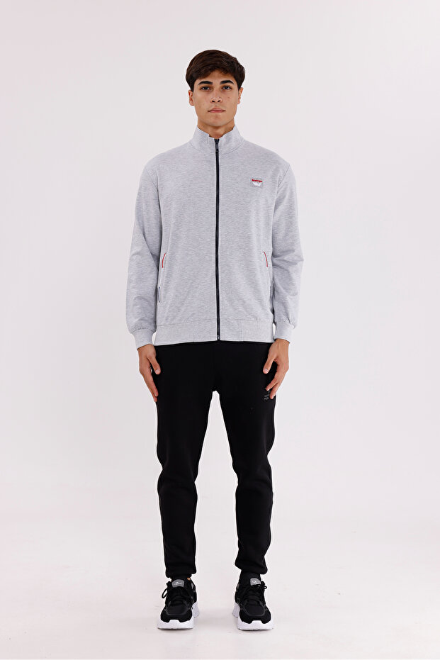 Mock Neck Full Zipper Chest Embroidery Detailed Comfortable Fit Transitional Sweatshirt with Pockets