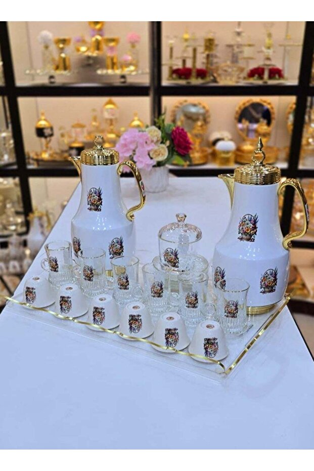 22Pcs Arabic Tea Coffee Set with Tray Silver Plated Thermos, 6 Cawa Cups 6 Saucers Sugar Bowl and Tr
