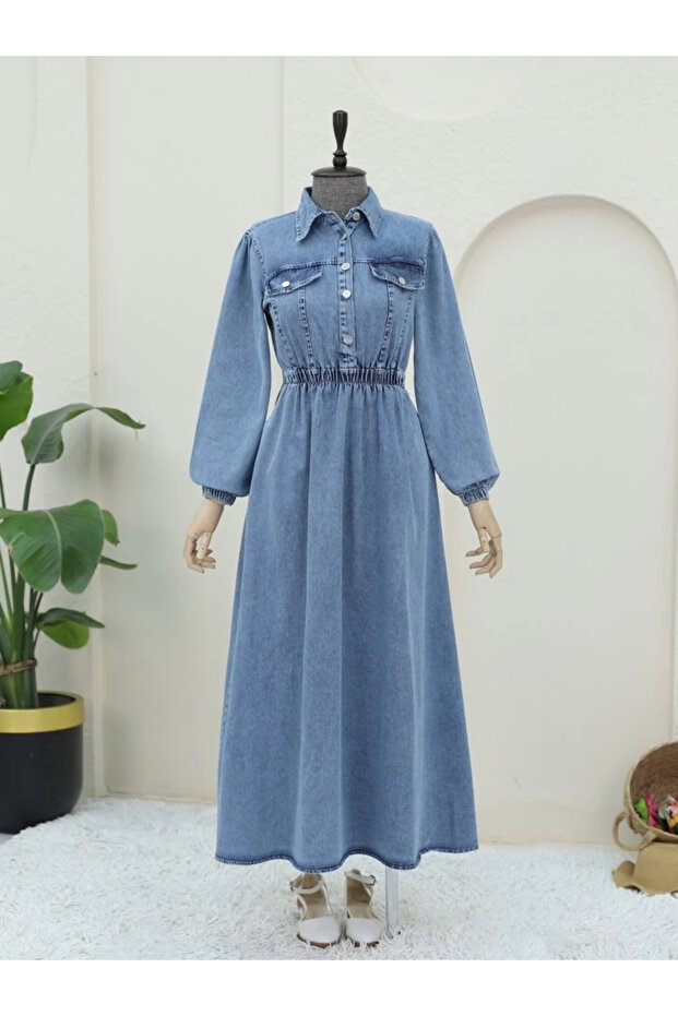 فستان من الدنيم بخصر مطاطي نصف زر - أزرق ثلجي - 1