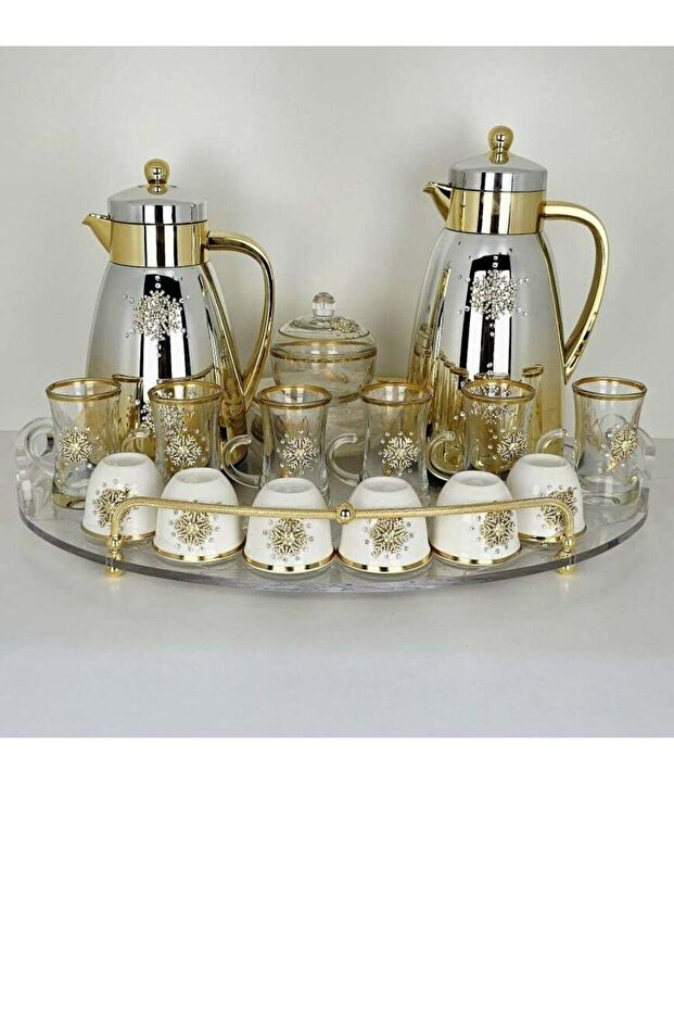22-Piece Arabic Tea & Coffee Set with Tray and 2-Piece White Gold Thermos