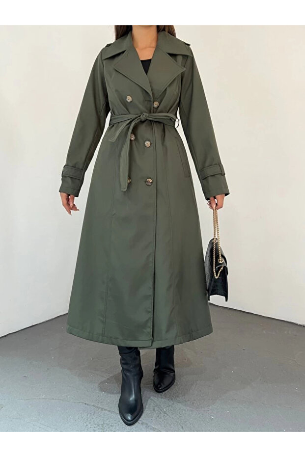 معطف معزز مبطن بحزام - كاكي - 4