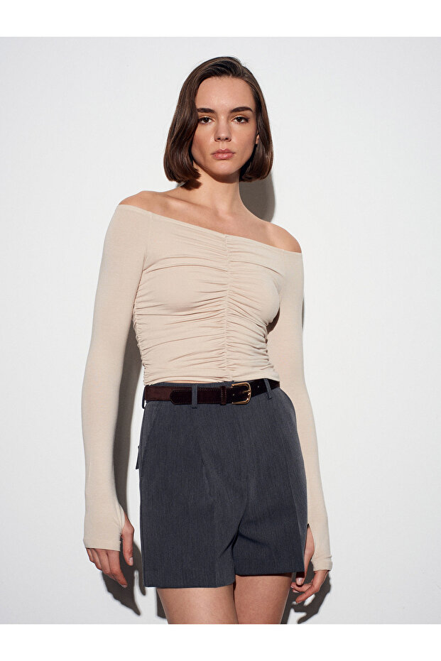 32089 Off-The-Shoulder Gathered Top-Beige