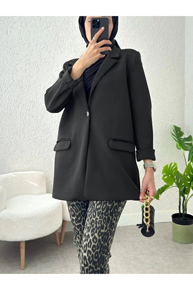 Single button lycra jacket with pockets - black - 1