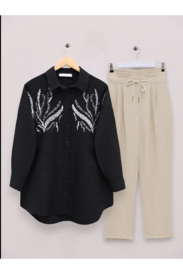 قميص طويل مزين بالترتر - أسود - 2