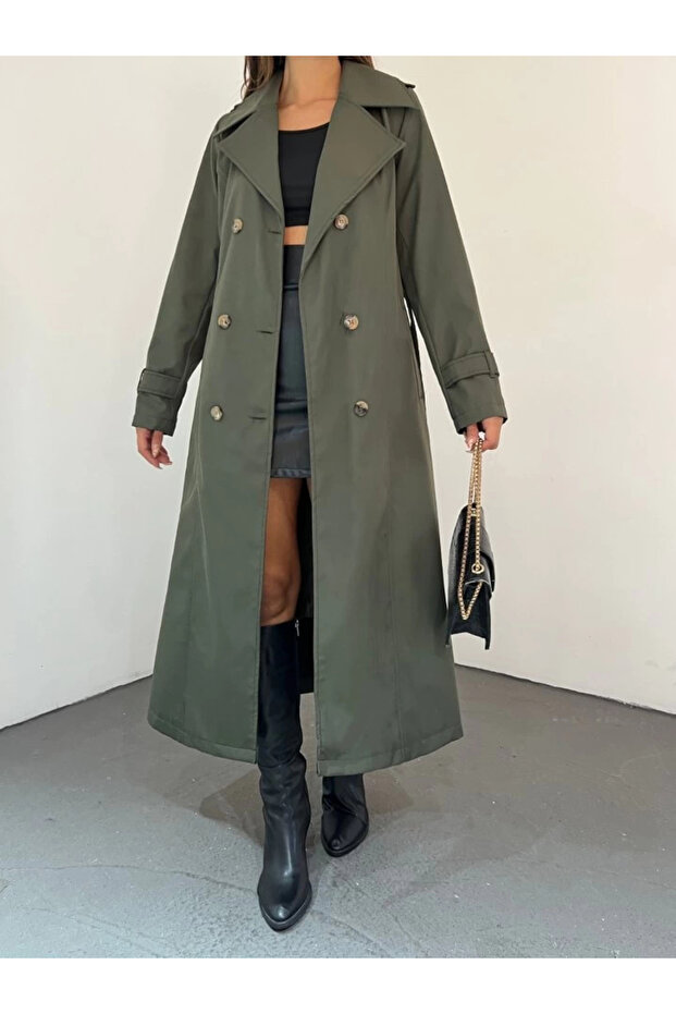 معطف معزز مبطن بحزام - كاكي - 5