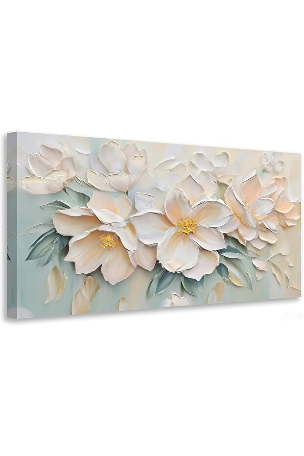 White Textured Flowers Unframed Poster 60x120cm, Modern Sage Floral Painting Decor