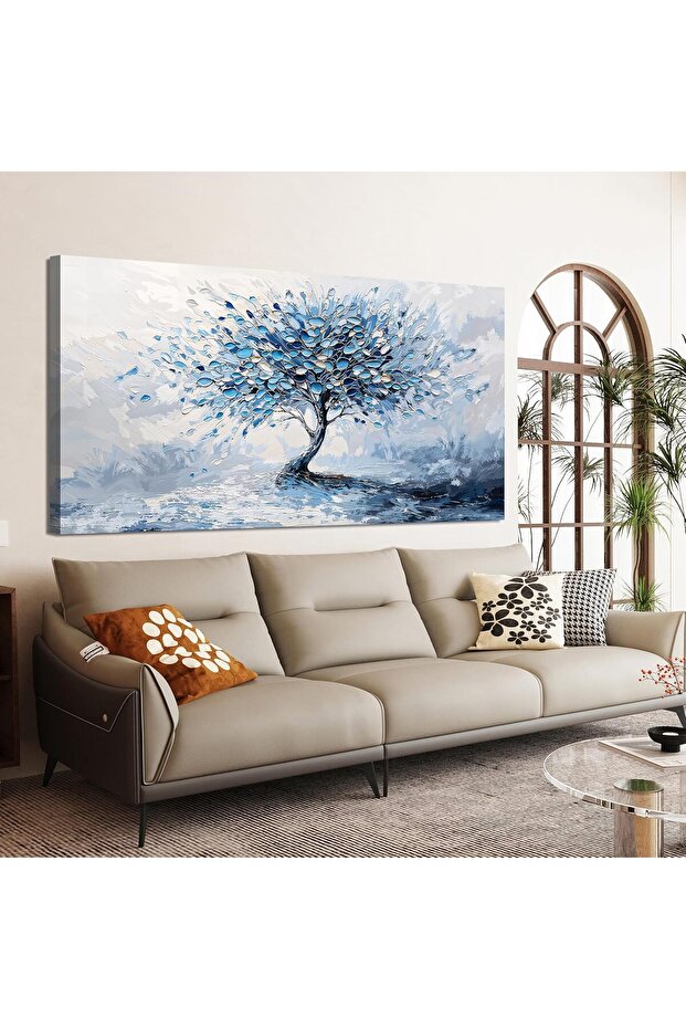 Modern Blue & White Framed Canvas Wall Art50x100cm, Tree of Life Abstract Prints for Home Decor
