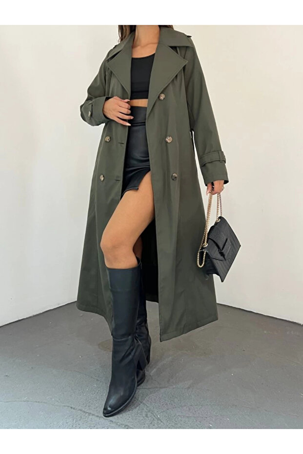 معطف معزز مبطن بحزام - كاكي - 7