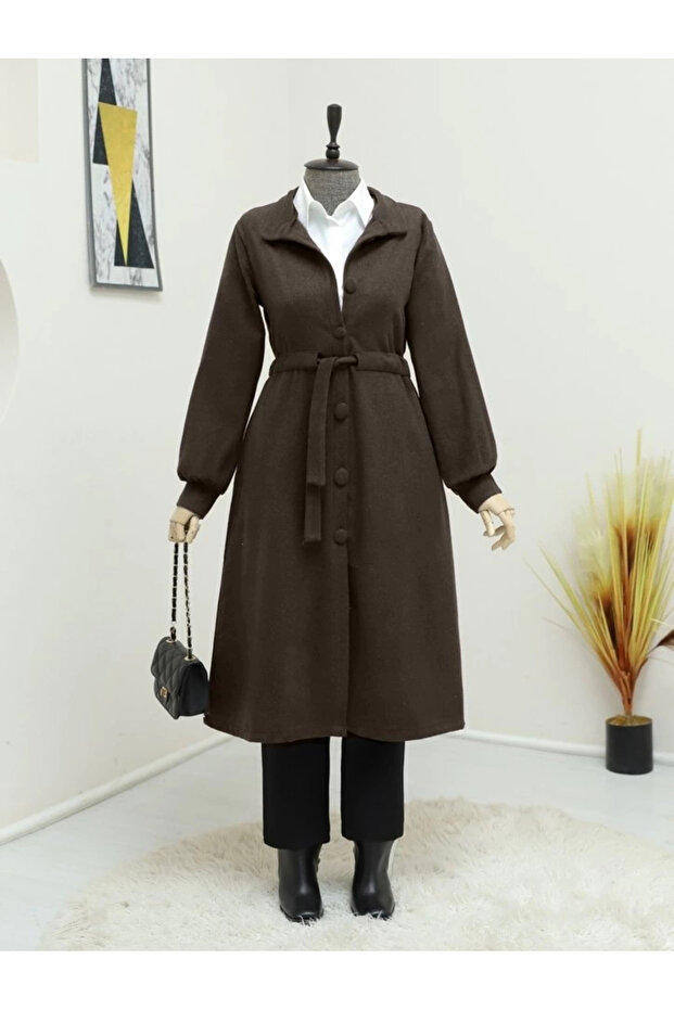 معطف كاش مايوه بأزرار كروية وربطة عنق عند الخصر - ك. بني - 1