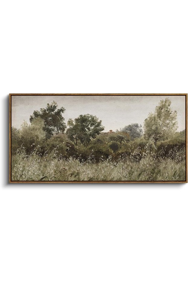 Grassland Landscape Wall Art – Vintage Meadow Scenery Canvas (50x100 cm Framed)
