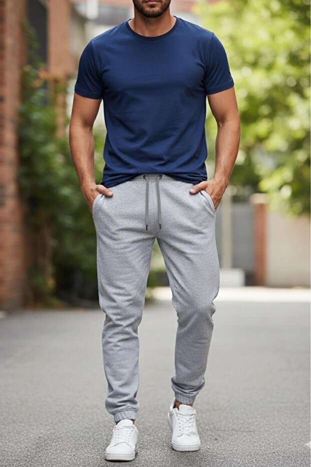 Men's Black-Grey Winter Sweatpants with Elasticated Cuffs