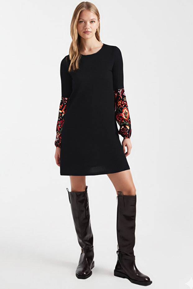 Women's Black Patterned Balloon Sleeve Dress Arm-26K001051