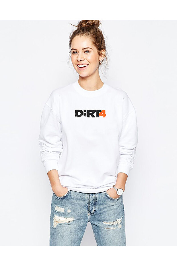 Dirt 4 Printed White Women's Knitted Sweatshirt Long Sleeve