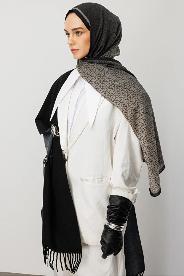 Siyah Monogram Hebei İpek Şal - 7