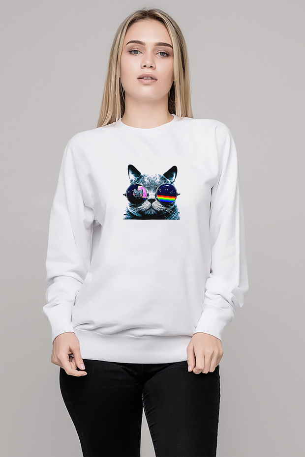 Kedi Cat Phone Music Printed White Women's Knitted Sweatshirt Long Sleeve