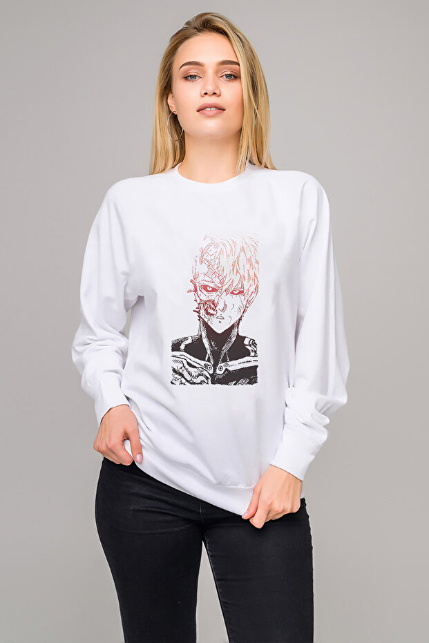 Anime One Punch Man Printed White Women's Knitted Sweatshirt Long Sleeve