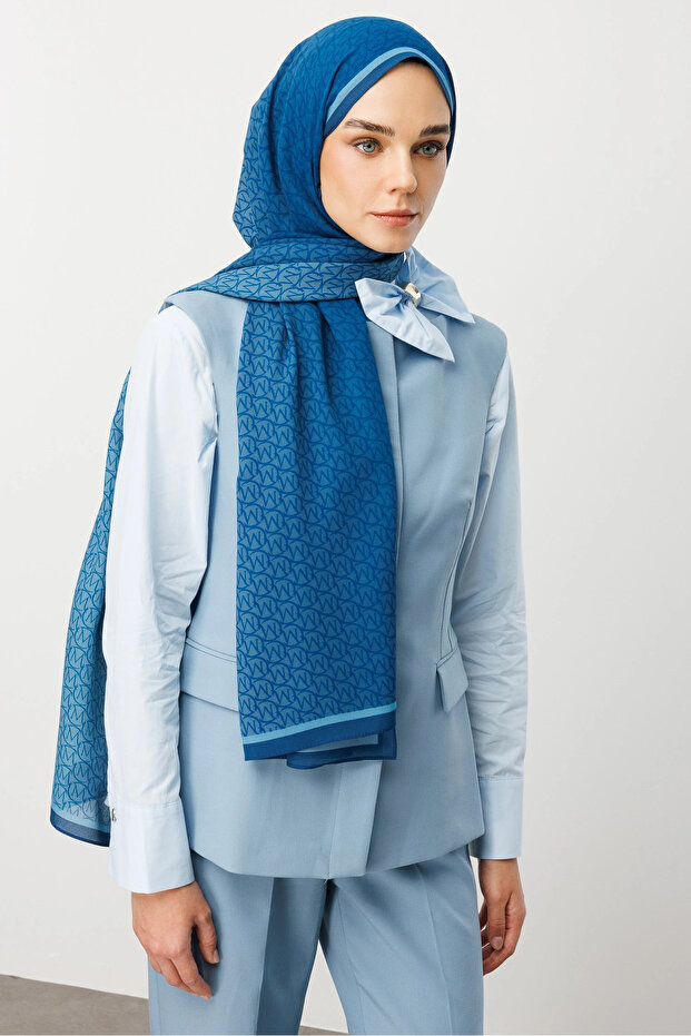 Indigo Monogram Hebei İpek Şal - 5