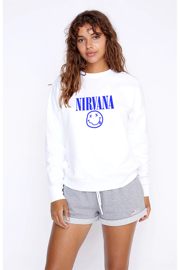 Nirvana مطبوع سويت شيرت نسائي محبوك باللون الأبيض بأكمام طويلة