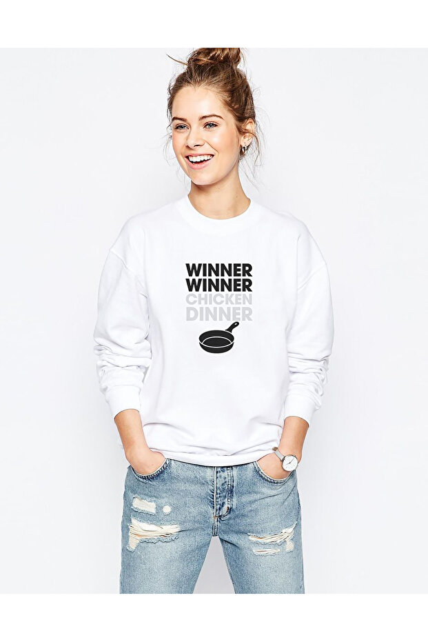Pubg Winner Tava Printed White Women's Knitted Sweatshirt Long Sleeve