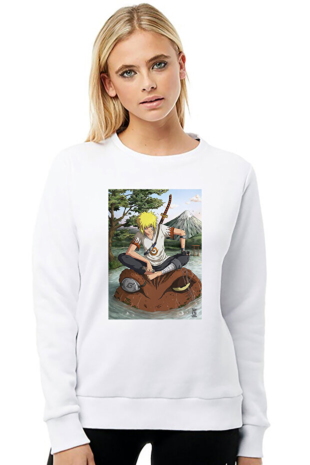 Anime Naruto Moon Printed White Women's Knitted Sweatshirt Long Sleeve
