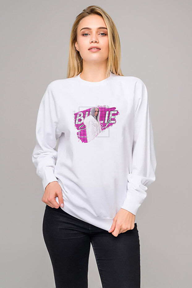 Billi E Eilish Logo Blosh Printed White Women's Knitted Sweatshirt Long Sleeve