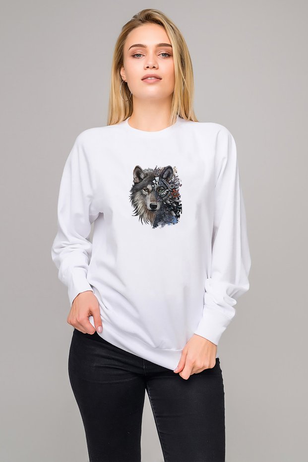 Wolf Face Metal Rock Music Music Printed White Women's Knitted Sweatshirt Long Sleeve