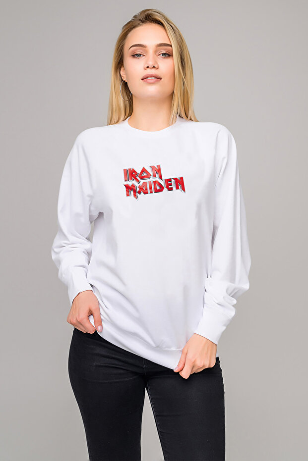 Iron Maiden Rock Am Ring Metal Printed White Women's Knitted Sweatshirt Long Sleeve