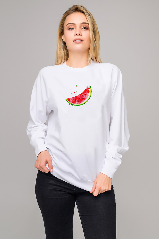 Watermelon Frutti Di Bosco Fruit Watercolor Printed White Women's Knitted Sweatshirt Long Sleeve
