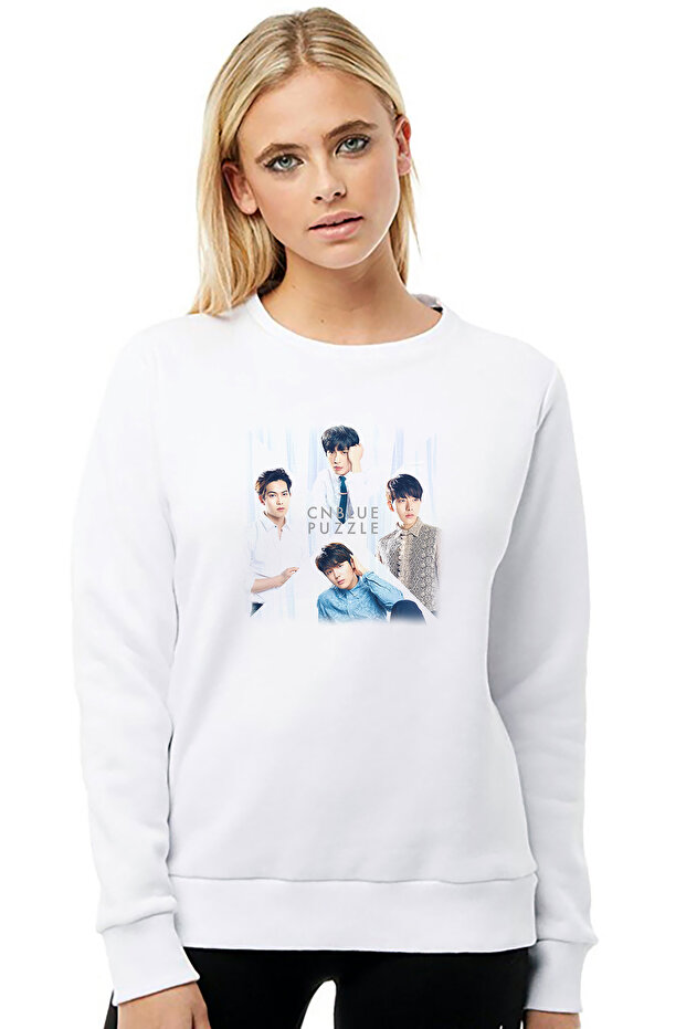 Cn Blue Puzzle Code Blue Printed White Women's Knitted Sweatshirt Long Sleeve