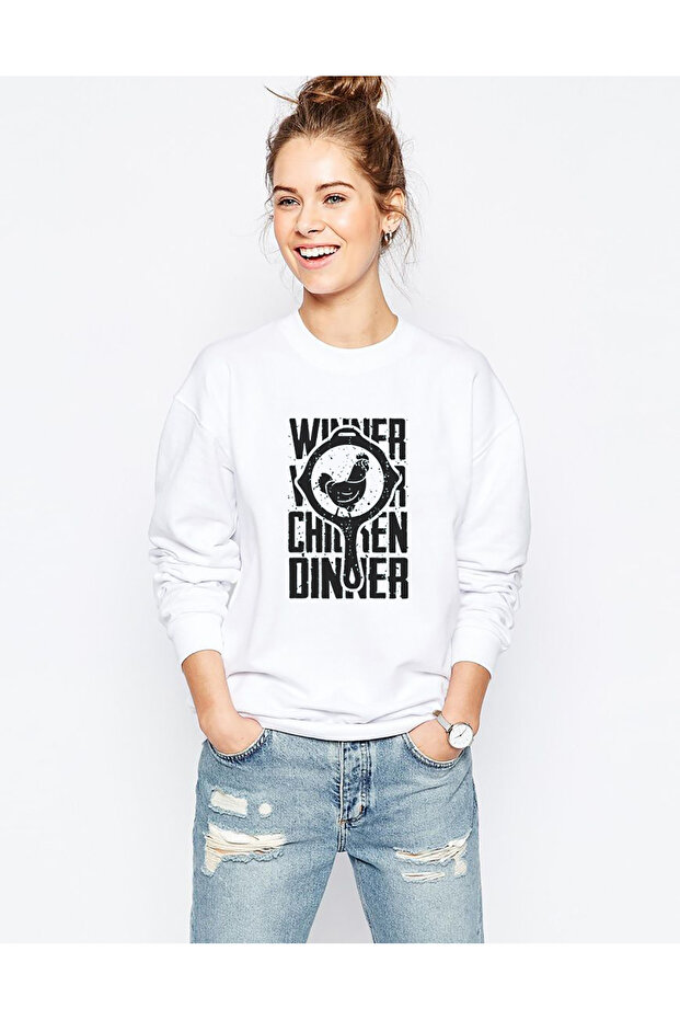 Pubg Pubg Winner Tava Tavuk Printed White Women's Knitted Sweatshirt Long Sleeve