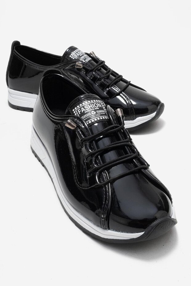 Soft Sole Rubber Laced Women's Shoes Black Patent Leather