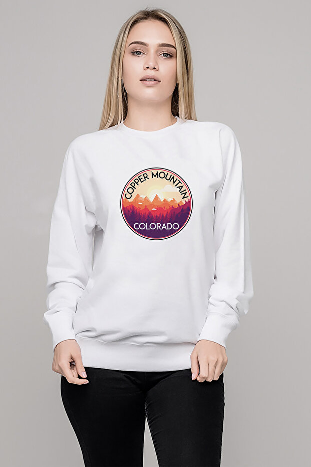 Silhouette Copper Mountain Colorado Printed White Women's Knitted Sweatshirt Long Sleeve
