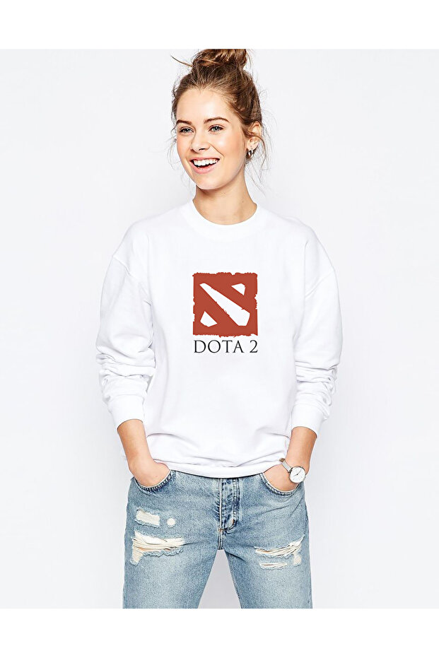 Dota Printed White Women's Knitted Sweatshirt Long Sleeve